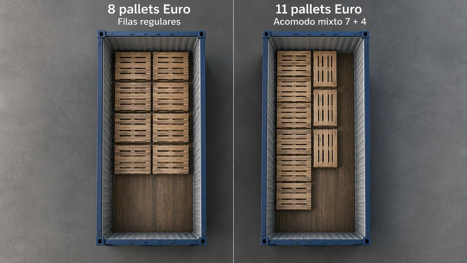 Ejemplo de acomodo mixto de pallets Euro en dos bandas dentro de un contenedor